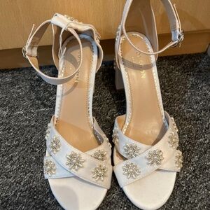 Monsoon White Jeweled Block Heel Ankle-Strap Sandals